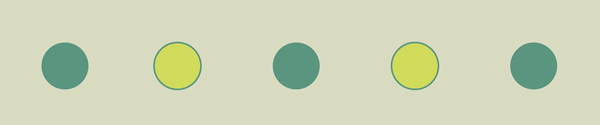 Five circles in a row alternating between teal and yellow-green colors on a neutral background.