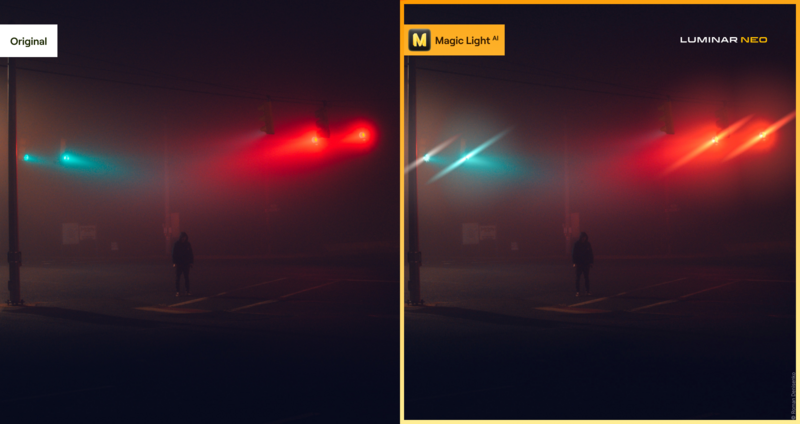Side-by-side comparison of neon car lights at night, with Magic Light enhancement on the right showing increased glow and definition.