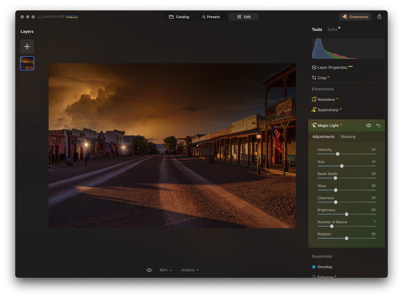 Screenshot of photo editing software showing a moody street scene with warm golden sky and dramatic lighting adjustments in the right panel.