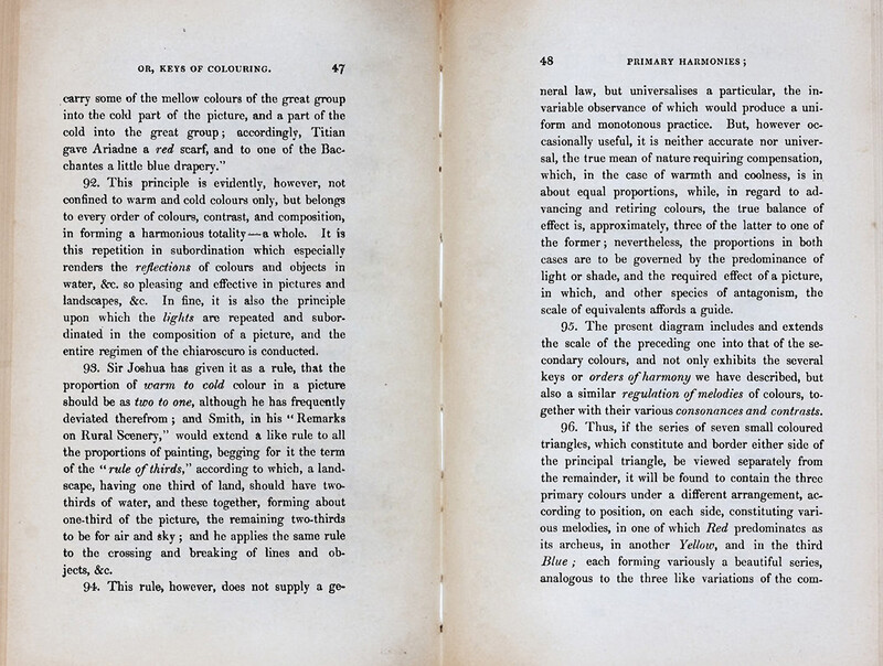 Chromatics Or, the Analogy, Harmony, and Philosophy of Colours by George Field, written in 1845 with comments about the use of the rule of thirds.&nbsp;