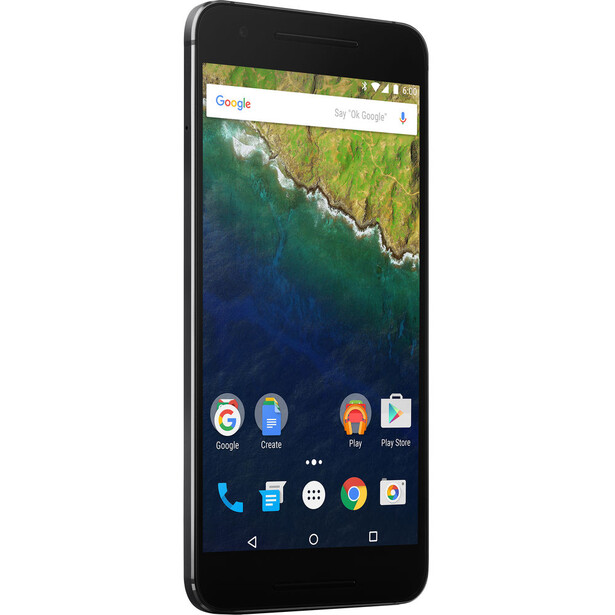 Screenshot of Nexus 5X smartphone displaying a satellite map on the home screen with app icons visible in the taskbar.