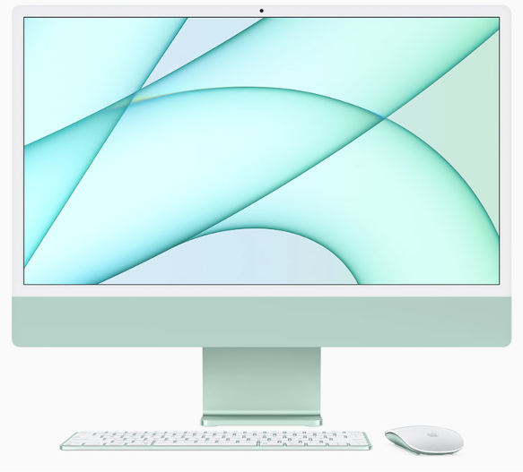 Desktop computer setup with wireless keyboard and mouse on a light background.