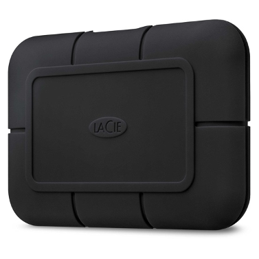 LaCie rugged external hard drive with black rubber bumper protection and recessed handle.