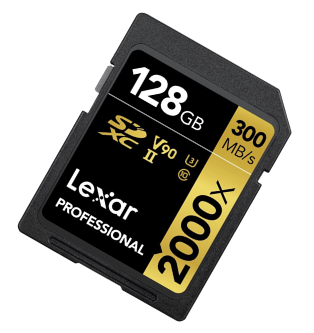 Lexar Professional 128GB SDXC memory card with 2000x speed rating and 300MB/s write speed.