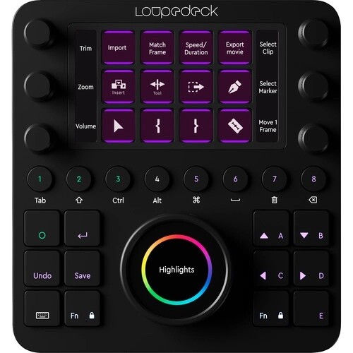 Screenshot of Loupedeck music production control panel with buttons, faders, and RGB dial.