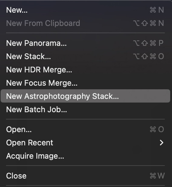 Screenshot of image editing software menu showing file creation options including panorama, stack, HDR merge, and focus merge tools.