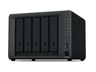 Five-bay network attached storage device with dark gray exterior and front panel indicator lights.