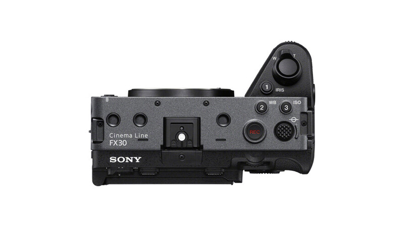 Sony FX30 cinema camera shown from above at an angle, displaying the left side profile with Cinema Line branding, lens mount, and right side control panel with buttons and dial.