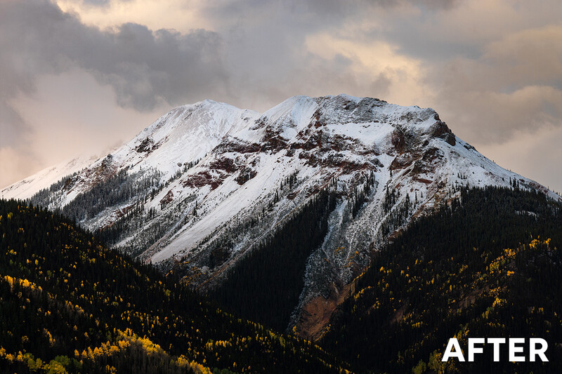 Snow-capped mountain with forested lower slopes under dramatic cloudy sky.