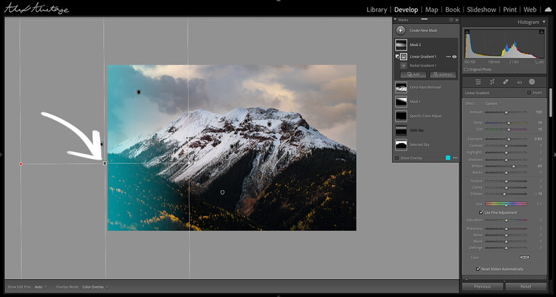 Screenshot of photo editing software showing a snow-capped mountain landscape with teal water and adjustment panels.