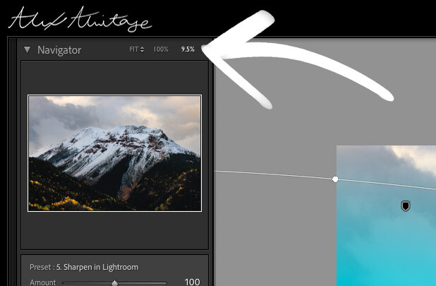 Screenshot of Lightroom's Navigator panel showing a snowy mountain landscape with adjustment sliders.