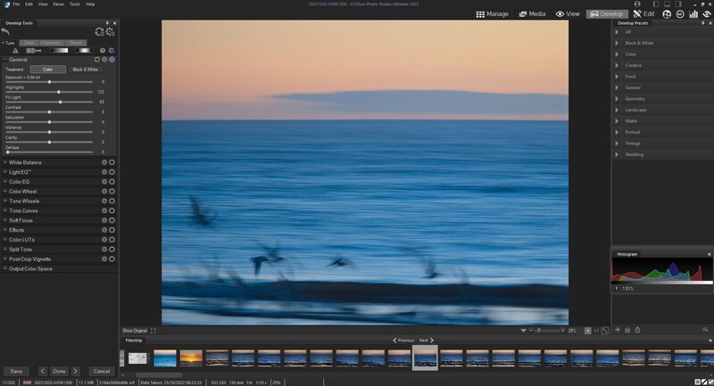 Screenshot of photo editing software showing a long-exposure seascape with blurred waves at twilight.