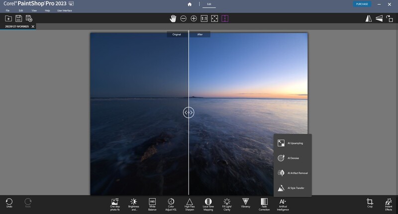 Screenshot of Corel PaintShop Pro 2023 showing a split-screen before-and-after comparison of a seascape photograph with editing adjustments applied.
