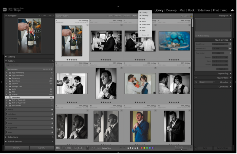 Screenshot of Lightroom Library module displaying grid view of wedding and portrait photography.