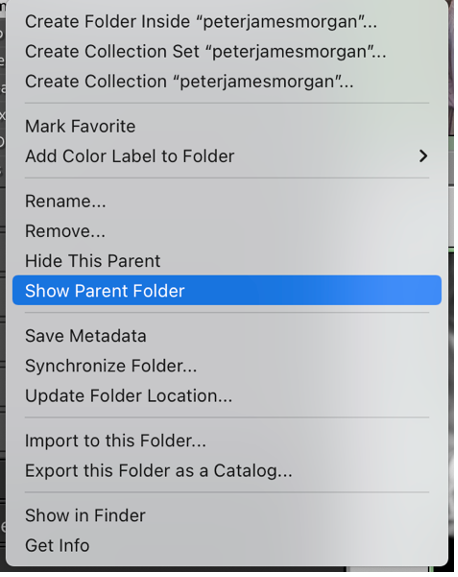Screenshot of a macOS context menu showing folder management options including Create Folder, Create Collection Set, Mark Favorite, and Show Parent Folder highlighted in blue.