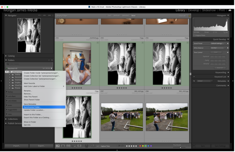 Screenshot of Lightroom's Library module showing contact sheets with black and white and color photographs organized in a grid layout.