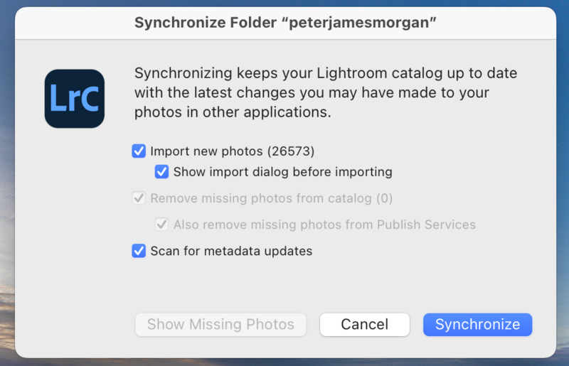 Screenshot of Lightroom's synchronize folder dialog for the peterjamesmorgan catalog.