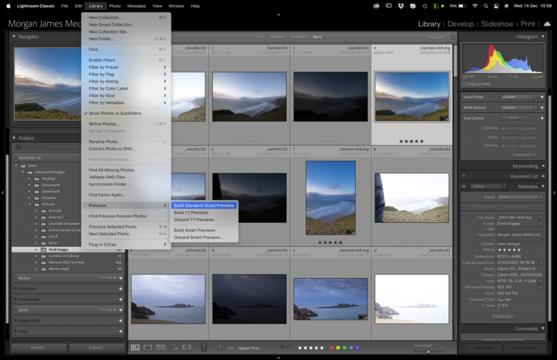 Screenshot of Adobe Lightroom library module displaying grid view of landscape photographs with water and mountain scenes.