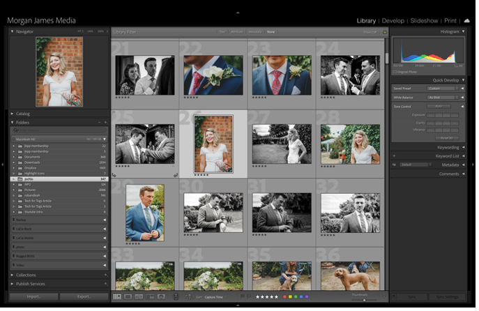 Screenshot of Adobe Lightroom library module displaying a photography portfolio grid with wedding and portrait images.