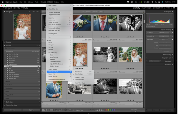 Screenshot of Lightroom library module displaying grid view of wedding and portrait photographs with star ratings and editing panels.
