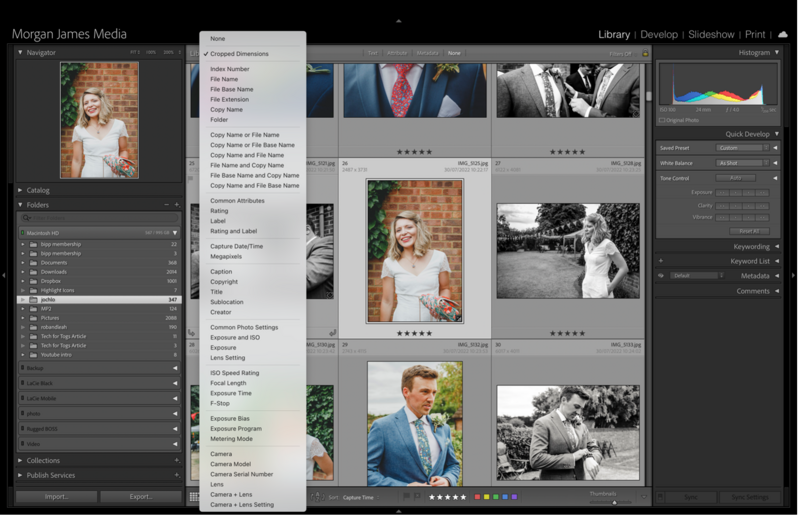 Screenshot of Lightroom library module displaying portrait photography collection with contact sheet view.
