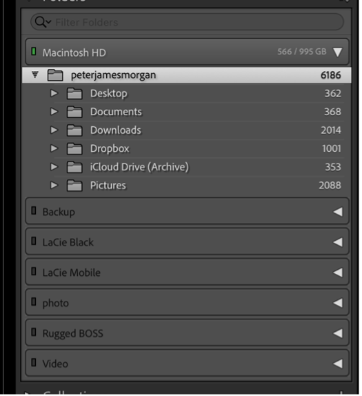 Screenshot of a Mac file browser showing storage breakdown for user account with folder sizes listed.