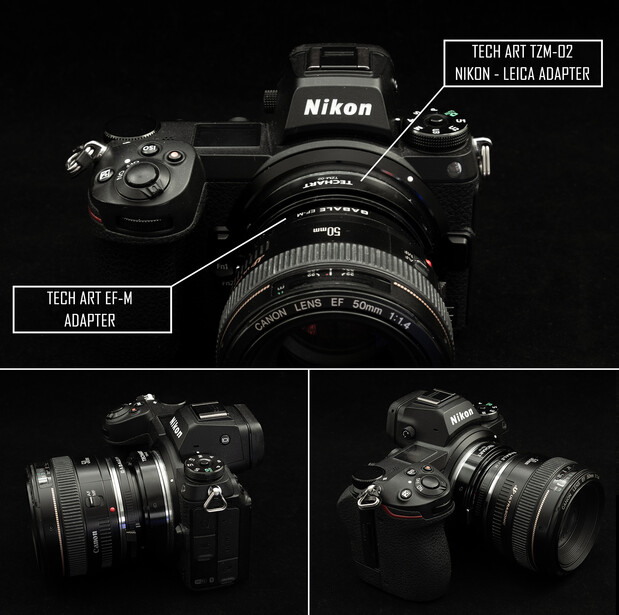 Nikon DSLR camera with Tech Art EF-M adapter and Nikon-Leica M lens mount adapter shown in multiple angles against black background.