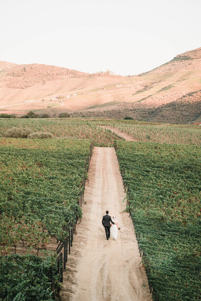 Lone figure standing on a dirt path between expansive green crop fields with arid hills in the background.