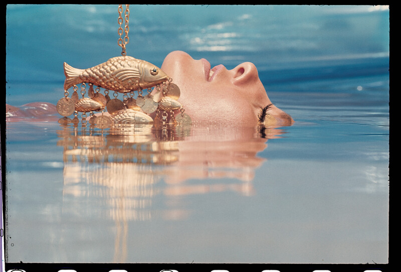 Surreal portrait of a person's head partially submerged in shallow water with a golden fish and ornamental chains suspended above.