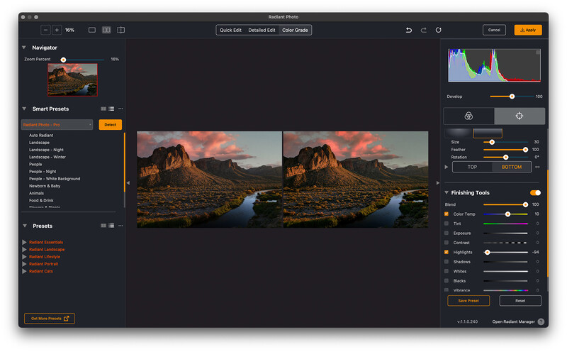 Screenshot of photo editing software showing before-and-after comparison of desert landscape with adjustment panels.