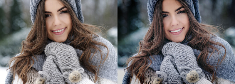 Side-by-side comparison of portrait editing showing a woman in winter clothing before and after post-processing adjustments.
