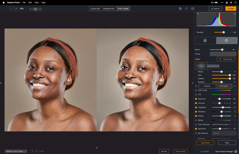 Screenshot of portrait retouching software showing before and after comparison of a woman's headshot with adjustment panels.