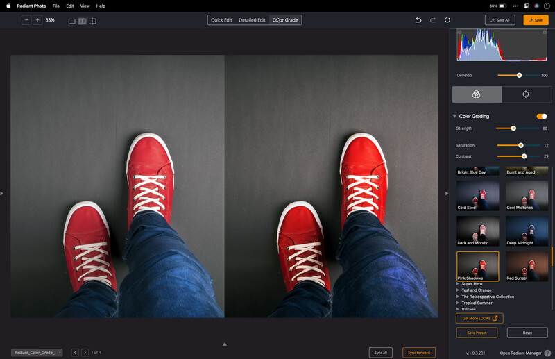 Before and after comparison of red sneakers with color grading adjustments in photo editing software.