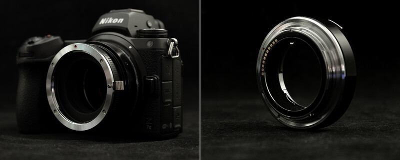 Nikon camera body with detached lens mount shown alongside a close-up view of the lens mount assembly.