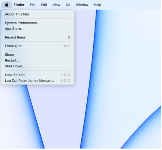 Screenshot of macOS Apple menu dropdown showing system options like Sleep, Restart, and Shut Down.