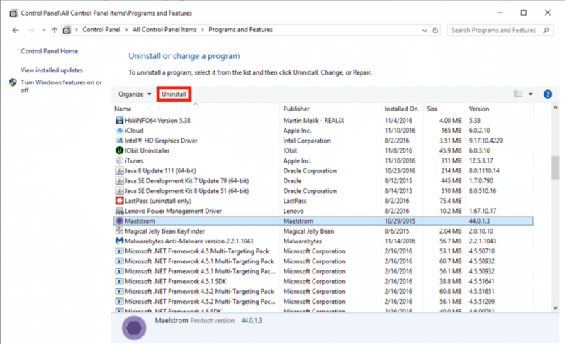 Screenshot of Windows Control Panel showing an uninstall or change program dialog with a list of installed software applications.