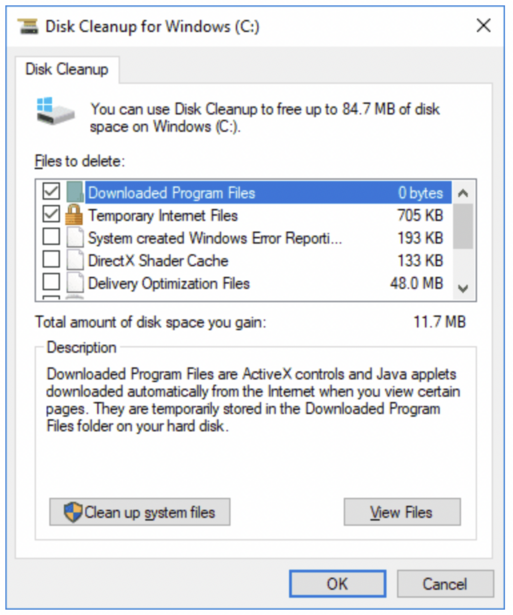 Screenshot of Windows Disk Cleanup utility showing file categories and storage space to be freed.