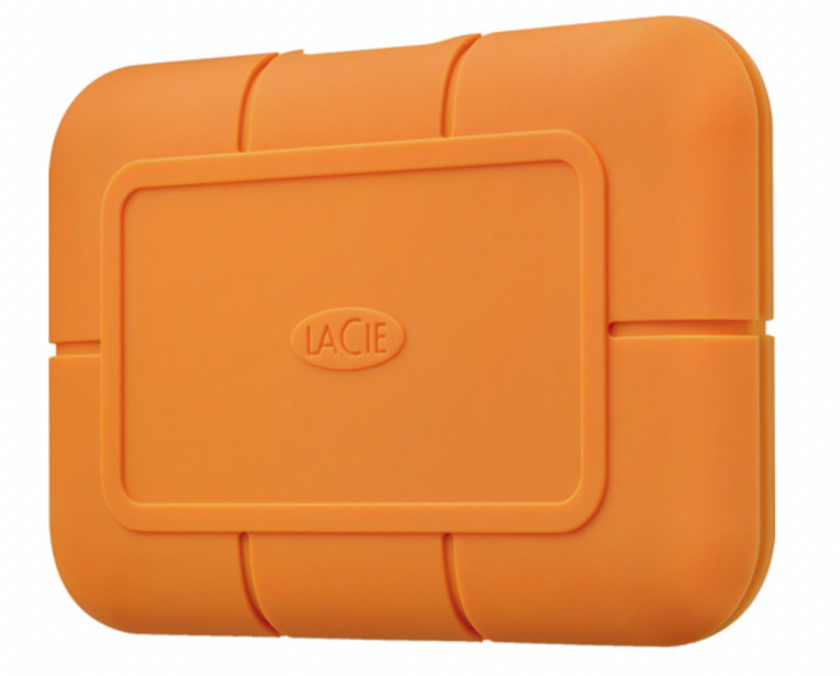 LaCie Rugged external hard drive in bright orange with rounded corners and protective bumpers.
