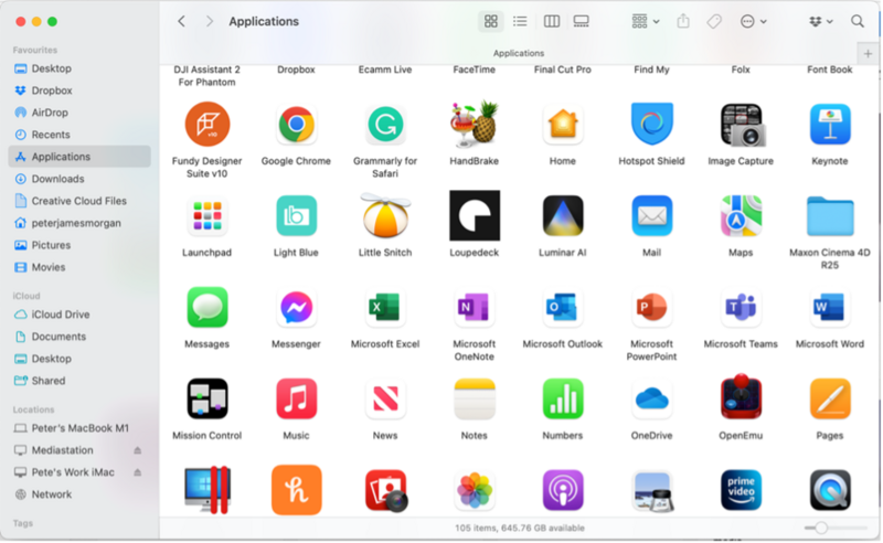 Screenshot of macOS Applications folder displaying grid of installed apps including design, productivity, and creative software.