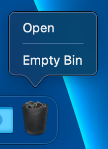 Screenshot of a desktop context menu with options to Open or Empty Bin, displayed above a trash can icon.