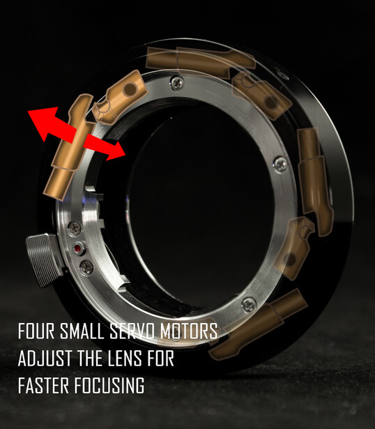 Camera lens autofocus mechanism with four small servo motors indicated by red arrows showing adjustment points for faster focusing.