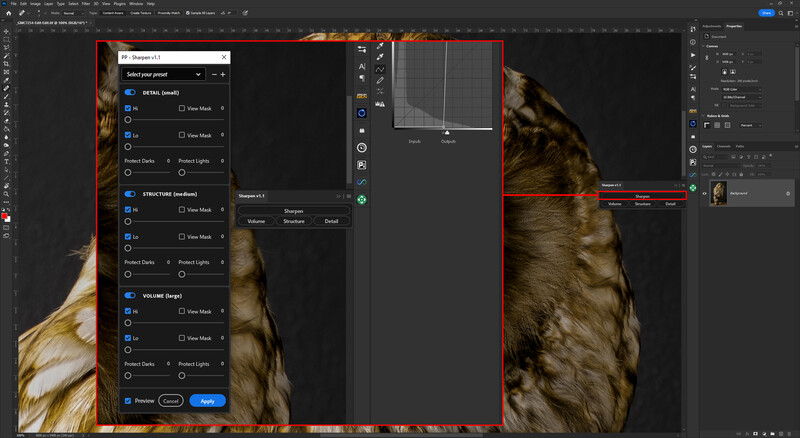 Screenshot of Adobe Photoshop showing a close-up photo of an animal's fur with adjustment panels open on the left side.