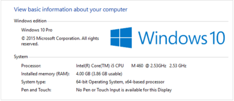 Screenshot of Windows 10 Pro system information displaying processor, RAM, and system specifications.