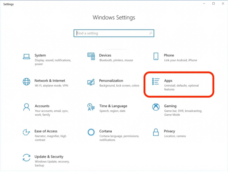 Screenshot of Windows Settings showing the Apps option highlighted in red.