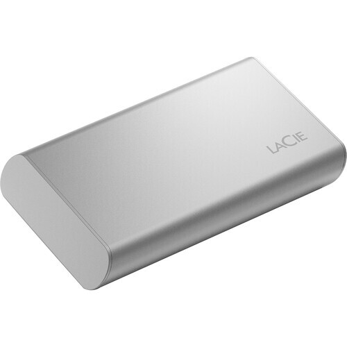 LaCie portable external hard drive with silver aluminum casing and rounded edges.