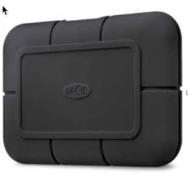 LaCie rugged external hard drive with black rubberized casing and protective bumpers.