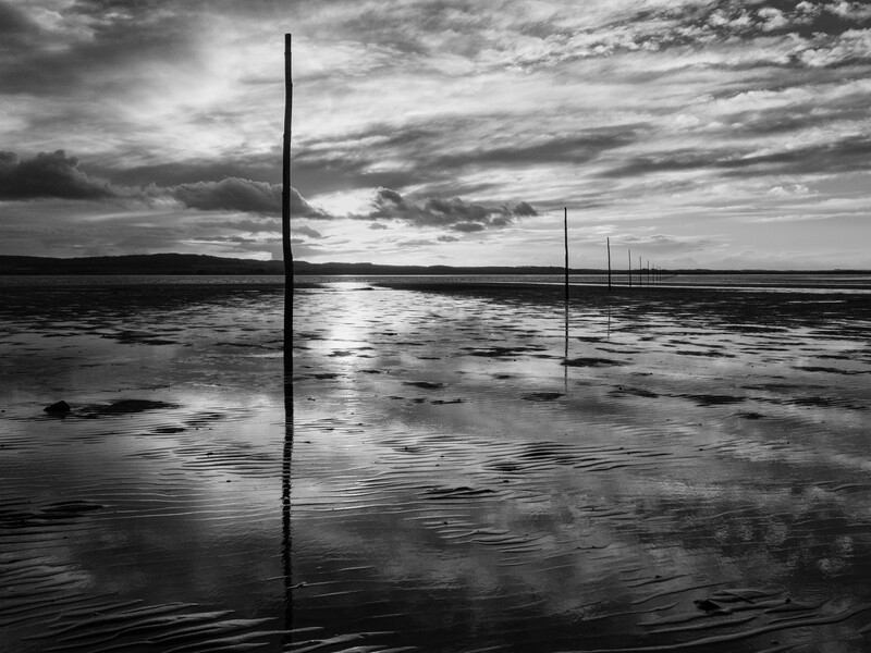 Wooden posts standing in shallow water reflect dramatic cloudy sky at twilight.