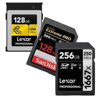 Four professional-grade SD and CFast memory cards displaying varying storage capacities and read/write speeds.