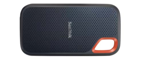 SanDisk Extreme portable solid-state drive with black textured casing and orange accent stripe.