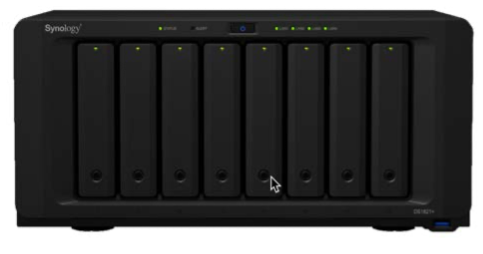 Synology DiskStation NAS enclosure with eight drive bays and front-panel status indicators.